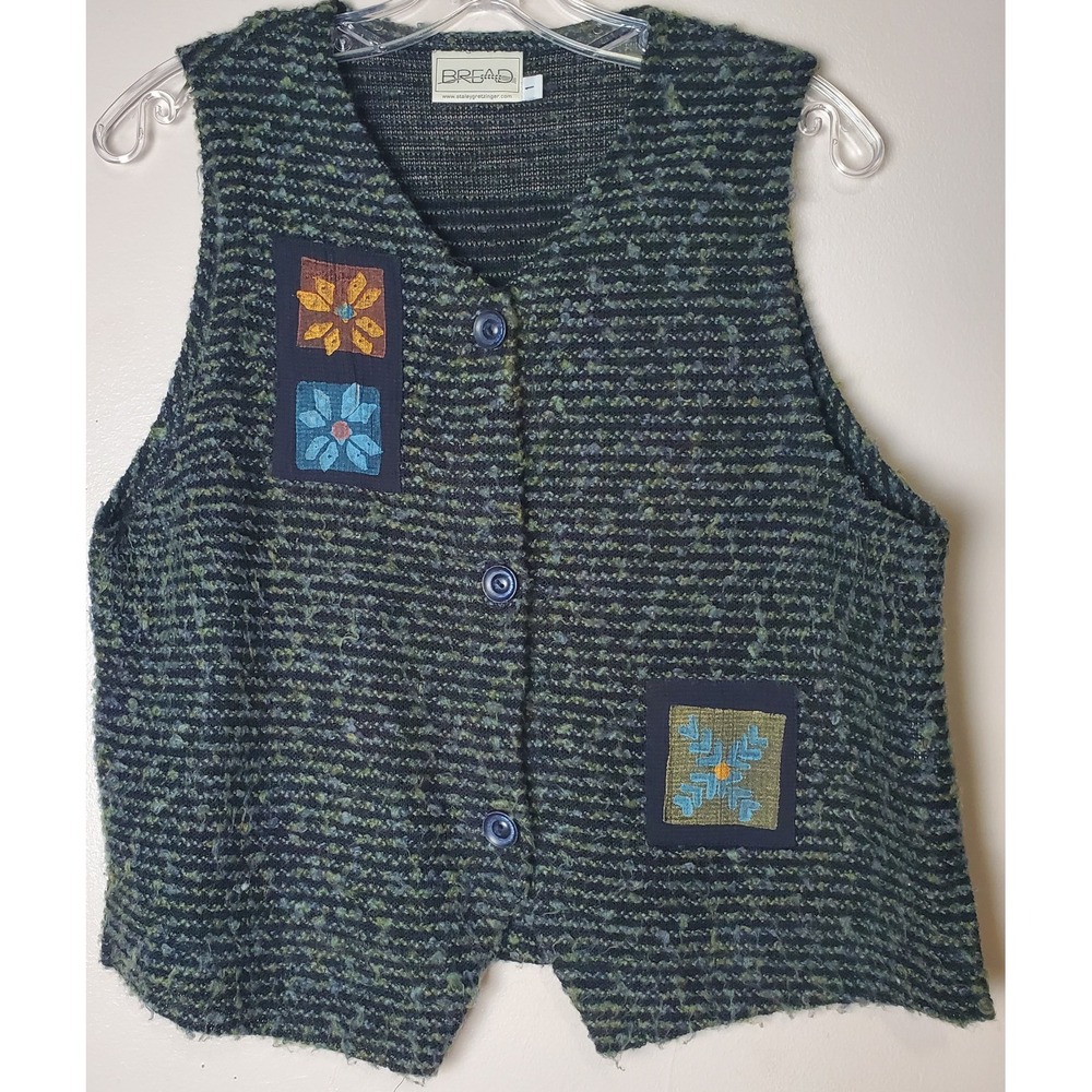 Bread Staley Gretzinger Floral‎ Painted Green Blue Vest Size 1 Wearable Art Boho